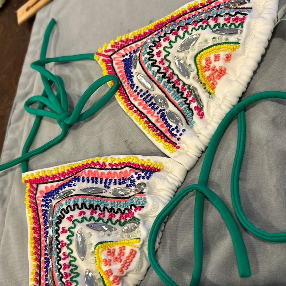 Colorful Beaded White Triangle Style Bikini Top-Sz M
